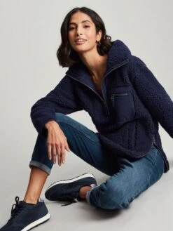 Navy Blue Zip Front Fleece With Hem Detail