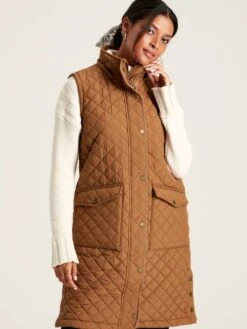 Rust Brown Showerproof Longline Diamond Quilted Gilet
