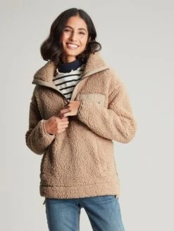 Tan Brown Zip Front Fleece With Hem Detail