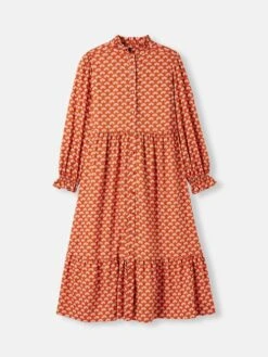 Burnt Orange Midi Tier Dress With Frill Neck