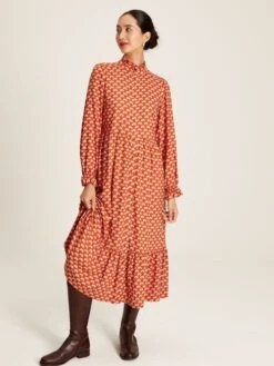 Burnt Orange Midi Tier Dress With Frill Neck -Elite Fashion Shop C10795s3