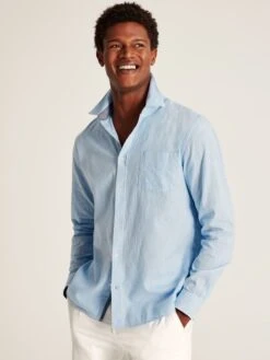 Blue Linen Blend Houndstooth Classic Fit Shirt