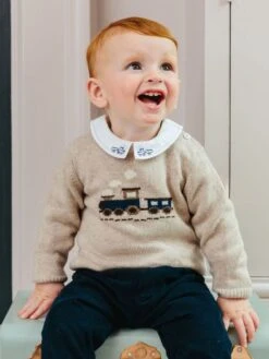 Trotters London Natural Little Oatmeal Thomas Train Jumper