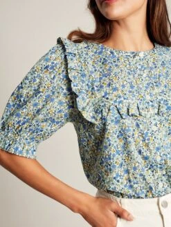Blue Ditsy Blouse With Frilled Bib -Elite Fashion Shop N42345s5