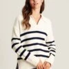 Cream Navy Blue Striped Collared Jumper