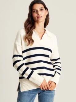 Cream Navy Blue Striped Collared Jumper
